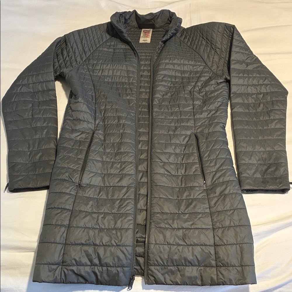 Women's Patagonia Synthetic Quilted Puff Gray Jacket - mid thigh length